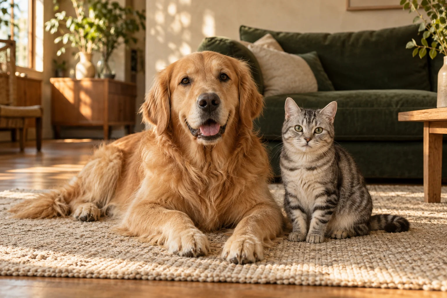 A golden retriever and a tabby cat relaxing together at home.